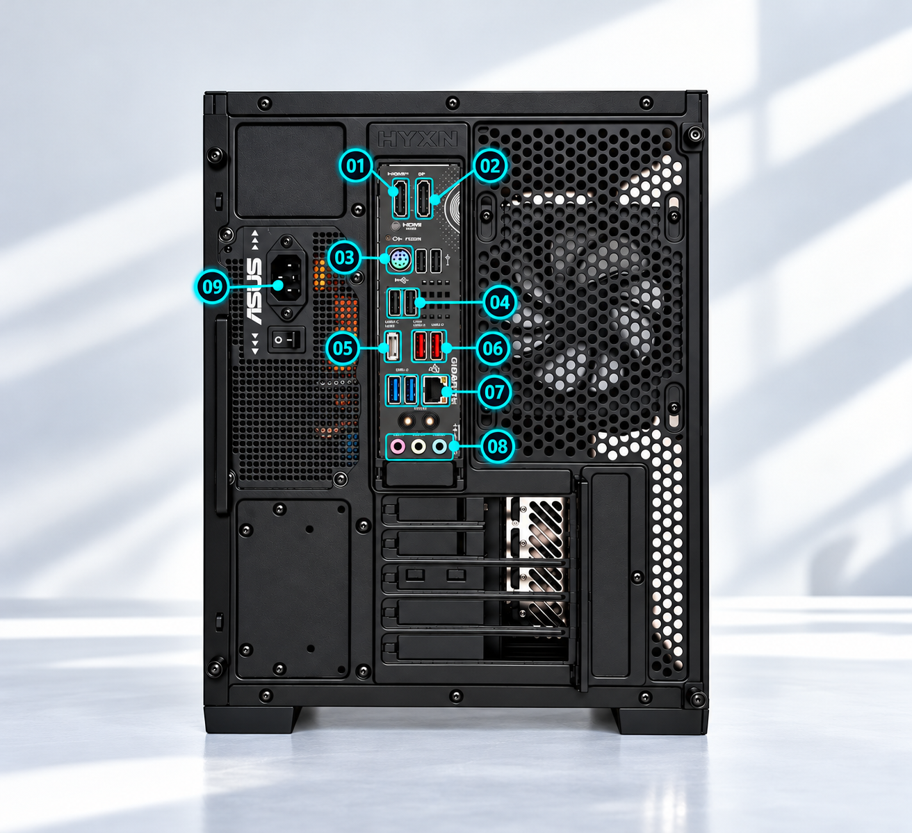 Vue arrière du PC avec repères des ports HDMI, DisplayPort, PS/2, USB, USB-C, réseau, audio et alimentation